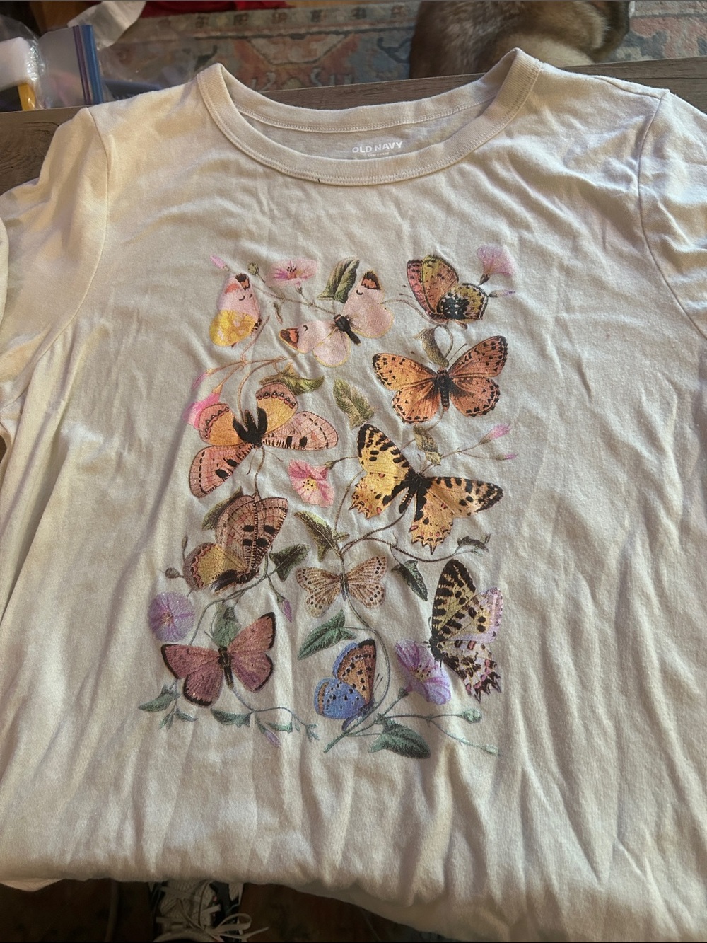 Old Navy Cream Tee with Multicolor Butterfly Print size medium